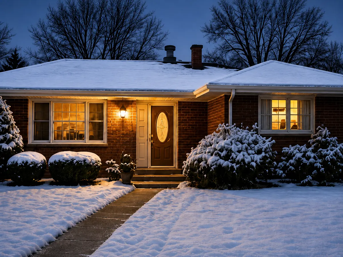 Brick ranch house in Munster, Indiana, covered in snow at dusk with the porch light glowing