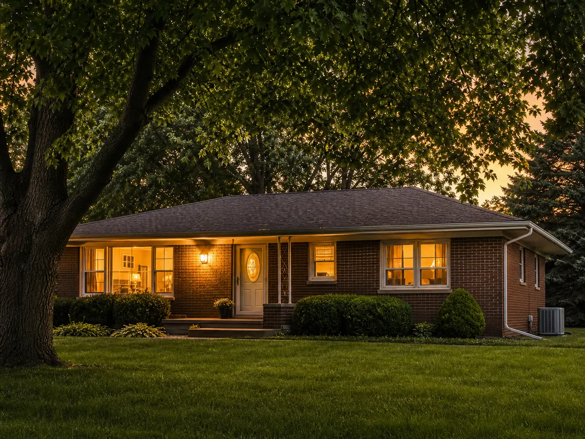 Brick ranch in Munster, Indiana, on a summer evening with the porch light on