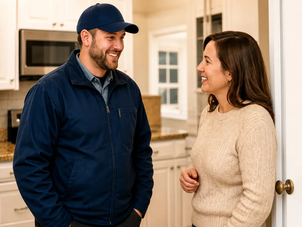 Porchlight technician chatting with a homeowner in her kitchen doorway